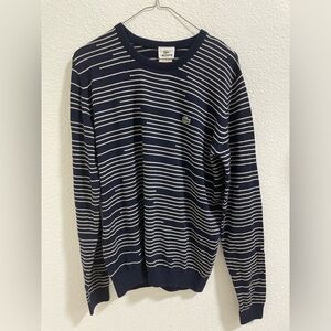 Lacoste Men's Blue and White Striped Crewneck Sweater